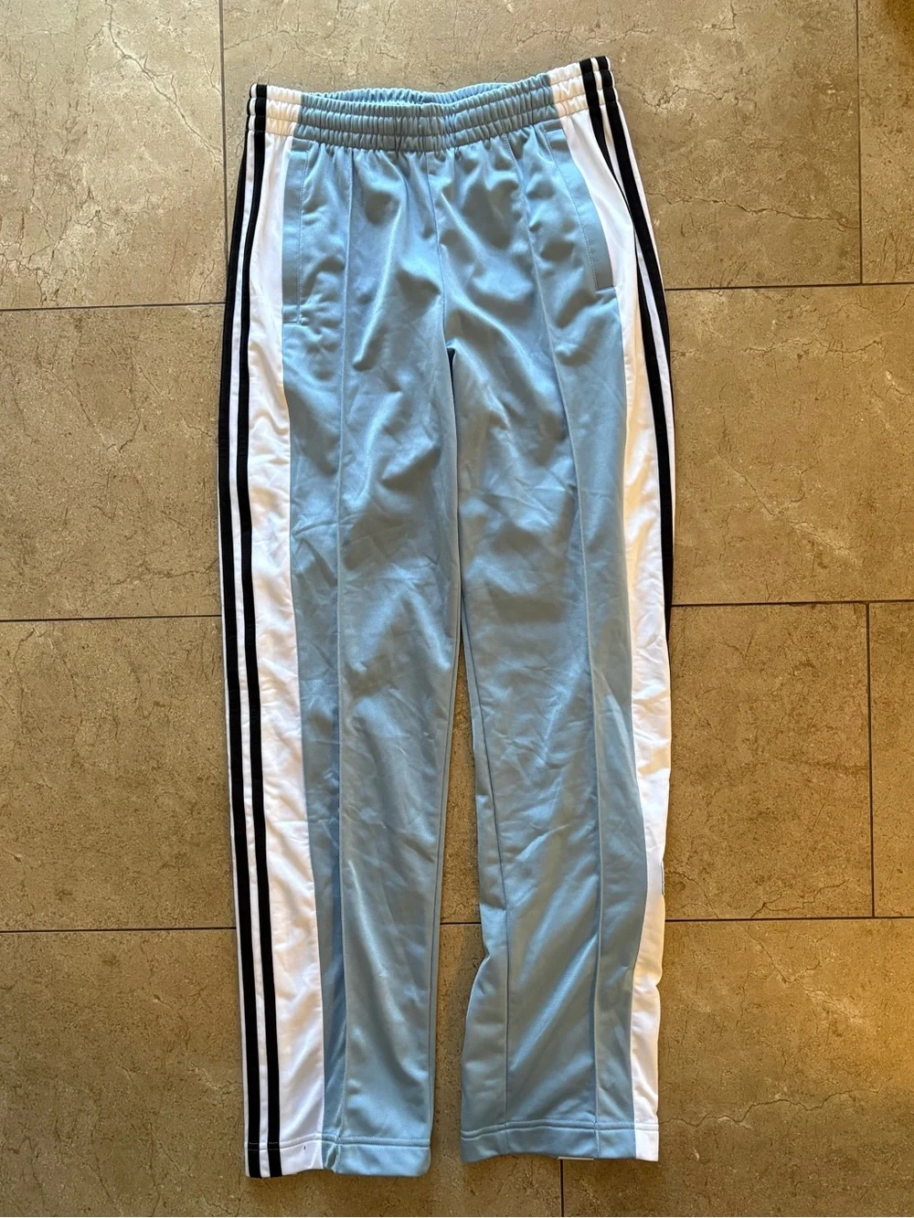 adidas Light Blue Track Pants with White Side Panels and Black Stripes - Picture 1 of 5